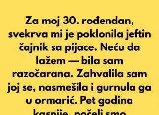 Za moj 30. rođendan, svekrva mi je poklonila jeftin čajnik sa pijace.