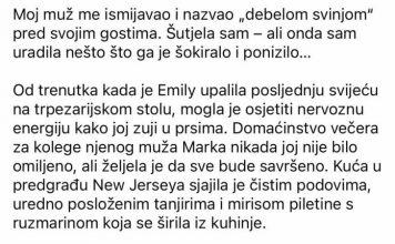 Moj muž me ismijavao i nazvao „debelom svinjom“ pred svojim gostima. Šutjela sam – ali onda sam uradila nešto što ga je šokiralo i ponizilo… - featured image